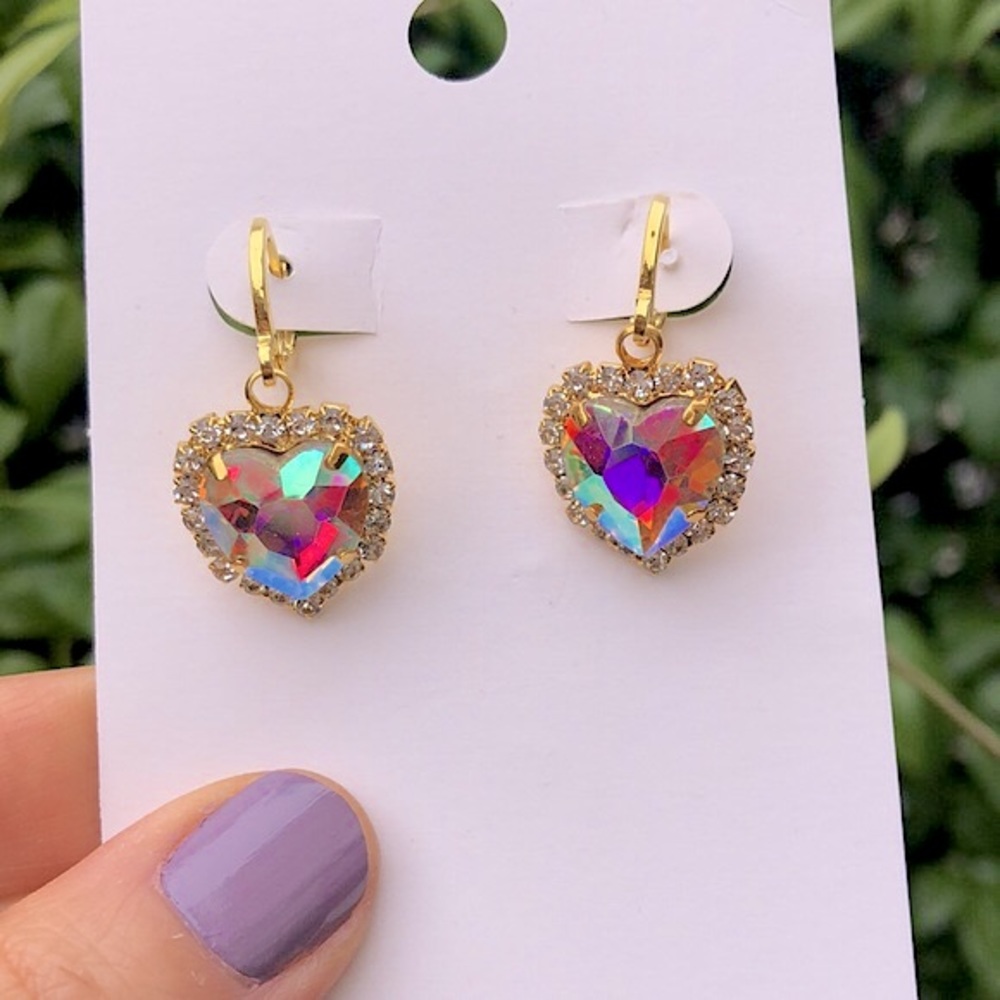 Aurora Borealis Heart Crystal Halo Drop Earrings - Picture 8 of 8